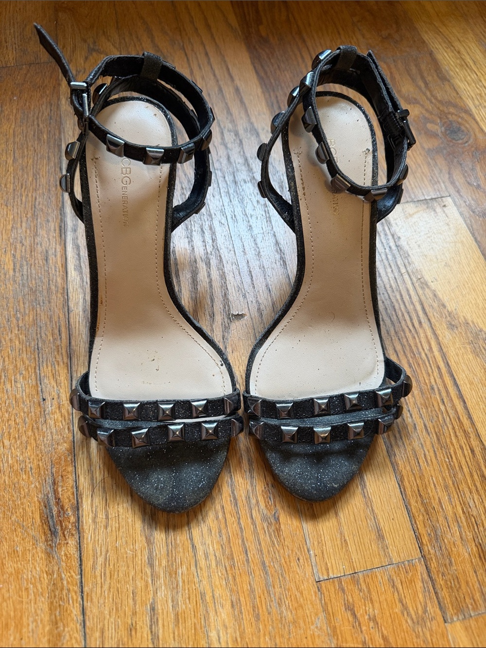 BCBGeneration Black Glitter Studded Sandals Heels